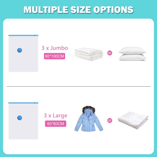 Vacuum Storage Bags for Clothes 6 Pack, Vacuum Sealer Bags Clothing , Space Saver Vacuum Storage Bags for Clothes Storage, Hand Pump Included