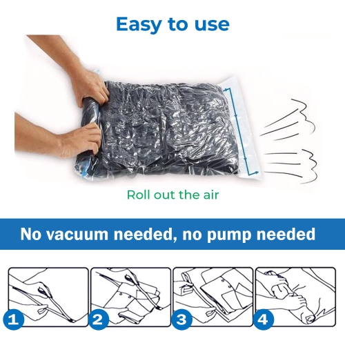 Travel Space Saver Bags. Pack of 8 Bags. Roll-Up Compression Storage (No Vacuum Needed) & Packing Organizers. Perfect for Travel and Home Storage by