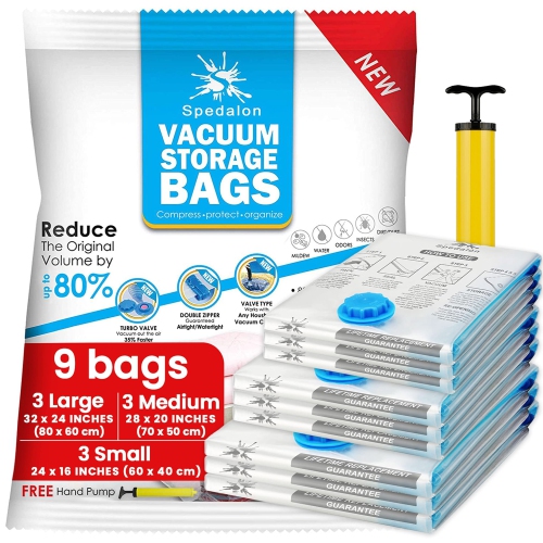 HLD  Vacuum Storage Bags - Pack Of 9 (3 Large + 3 Medium + 3 Small) Reusable \w Free Hand Pump for Travel Packing. Best Sealer Bags for Clothes