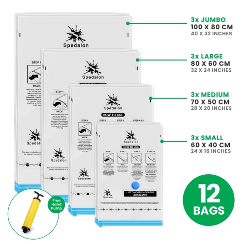 Vacuum Storage Bags - Pack of 12 Reusable with Free Hand Pump for Travel Packing | Best Sealer Bags for Clothes, Duvets, Bedding, Pillows,