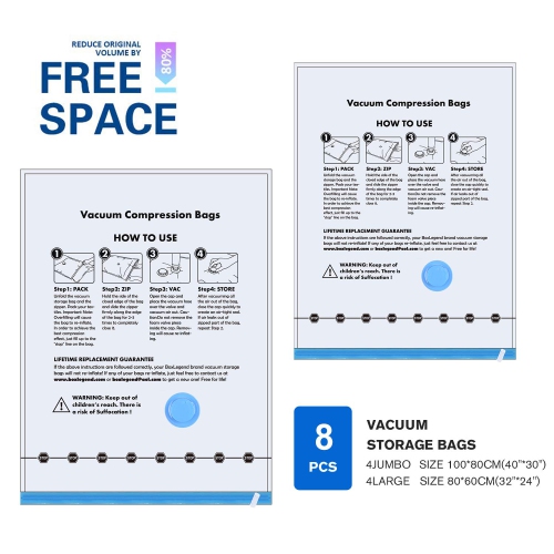 Vacuum Storage Bags 8 pack(4Jumbo, 4Large), Premium Space Saver bags for Clothes Duvets Blankets Pillows Comforters, travel storage.
