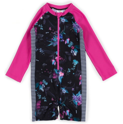 Maillot de bain une pi&egrave;ce &agrave; manches longues pour filles avec protection anti-rougeurs de Nano - Noir/Fuchsia