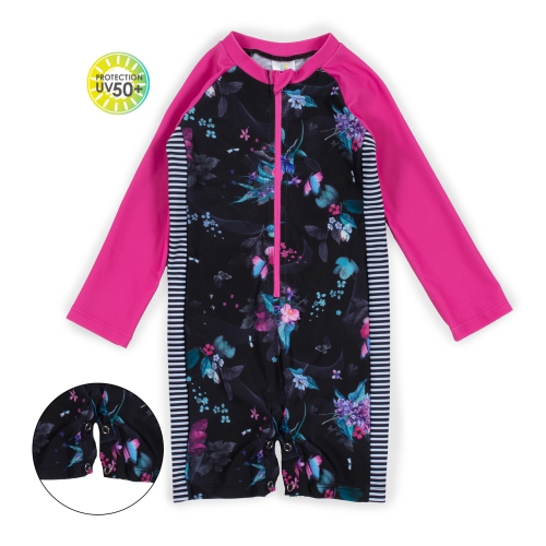 Nano One-Piece Rashguard Girls Long-Sleeve Swimsuit - Black/Fuchsia