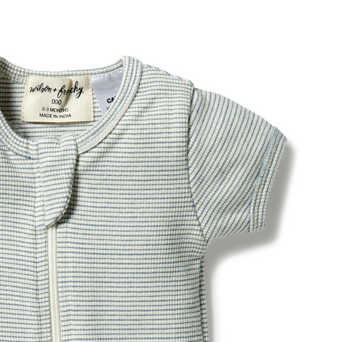 Wilson+Frenchy Organic Cotton Striped Short Sleeve Zipsuit - Bluestone