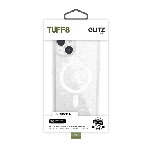 TUFF8  Glitz Mag Rugged Back Case (Clear With Glitter) for Iphone 14