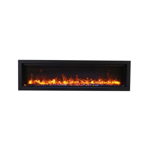 Symmetry Smart 74" Electric Fireplace comes with Birch 10 pc logs, decorative glass media, surround, and a remote.