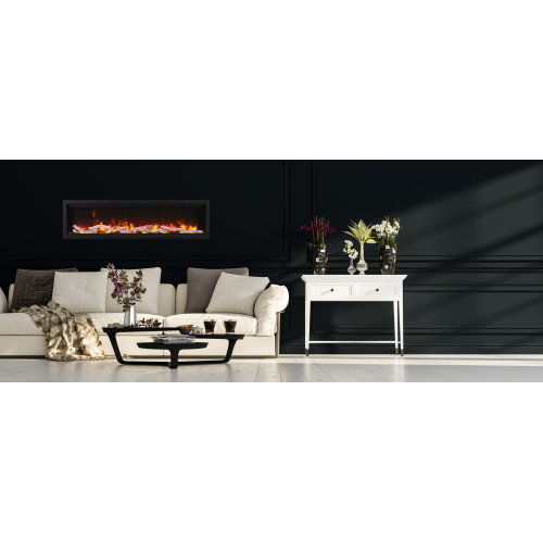 Symmetry Smart 74" Electric Fireplace comes with Birch 10 pc logs, decorative glass media, surround, and a remote.