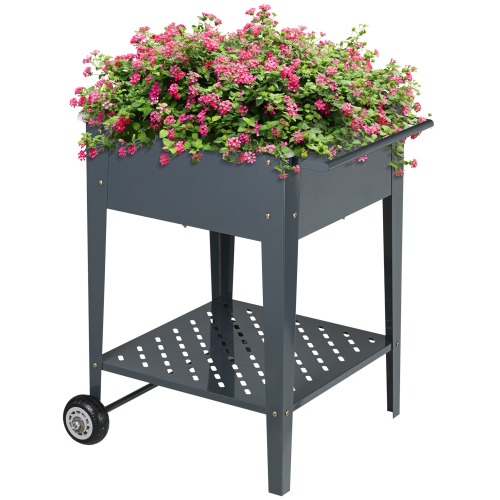 OUTSUNNY  " Raised Garden Bed \w Wheels, 25""x 22"" X 31"" Galvanized Steel Elevated Planter Box \w Legs, Storage Shelf for Outdoor Backyard, Patio To