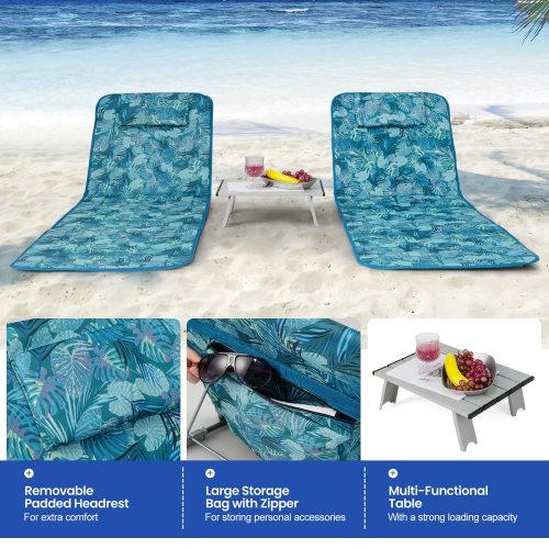 Gymax 3PCS Folding Beach Mat Set Adjustable Beach Lounge Chair & Side Table Set
