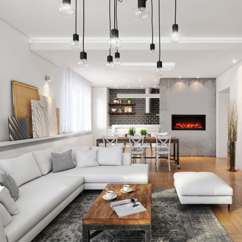 Symmetry 74" XT Smart Electric fireplace comes with your choice of Driftwood, Birch, or Rustic Log media kits OR ICE media kits.