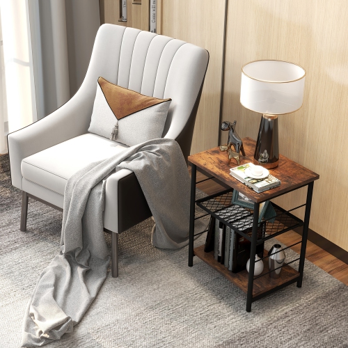 Gymax 3-Tier Side Table Industrial End Table w/ Adjustable Height Metal Mesh Shelf