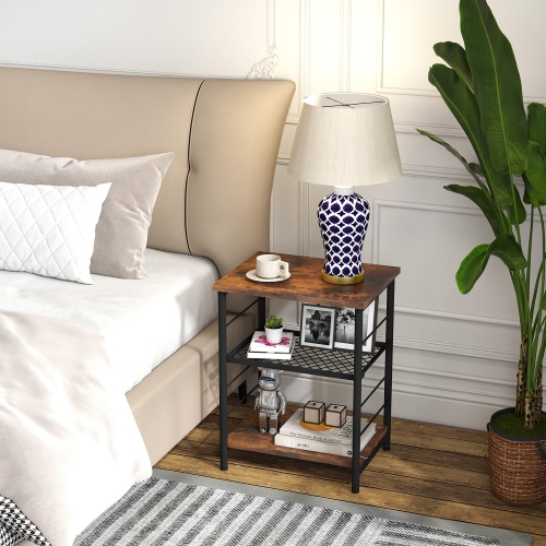 Gymax 3-Tier Side Table Industrial End Table w/ Adjustable Height Metal Mesh Shelf