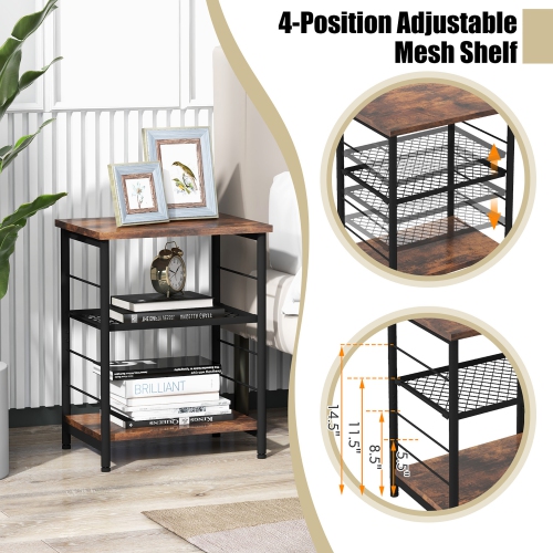 Gymax 3-Tier Side Table Industrial End Table w/ Adjustable Height Metal Mesh Shelf