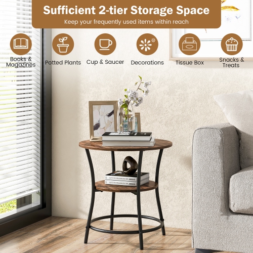 Gymax 2-Tier Side Table Compact Round Metal Frame Coffee Table w/ Open Shelf