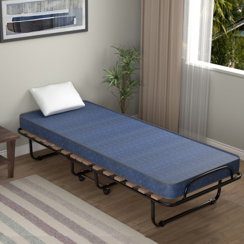 Gymax Folding Bed Rollaway Metal Guest Bed Sleeper Made in Italy w/ Memory Foam Mattress