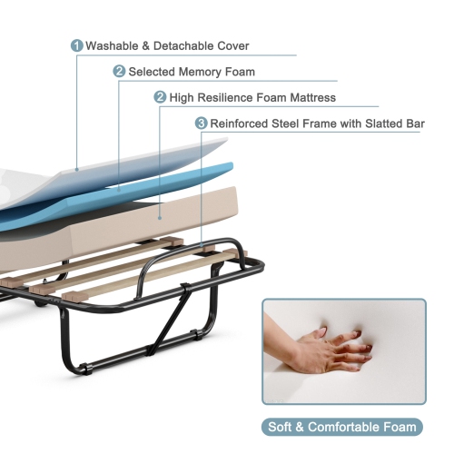 Gymax Folding Bed Rollaway Metal Guest Bed Sleeper Made in Italy w/ Memory Foam Mattress