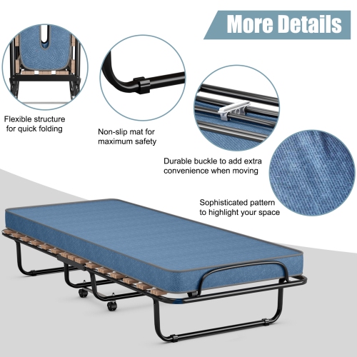 Gymax Folding Bed Rollaway Metal Guest Bed Sleeper Made in Italy w/ Memory Foam Mattress