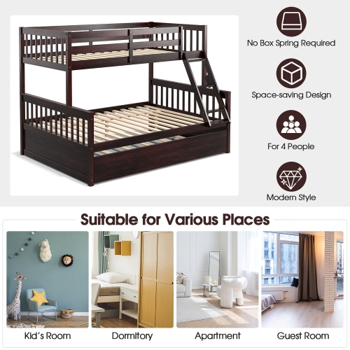 Gymax Twin Over Full Bunk Bed with Twin Trundle Convertible Platform Bed
