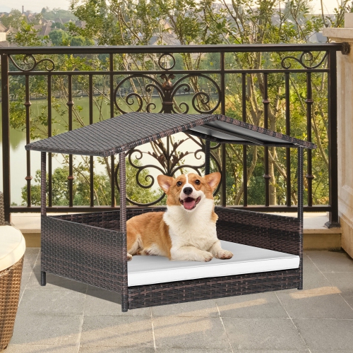 Gymax Wicker Dog House w/ Cushion Lounge Raised Rattan Bed for Indoor/Outdoor