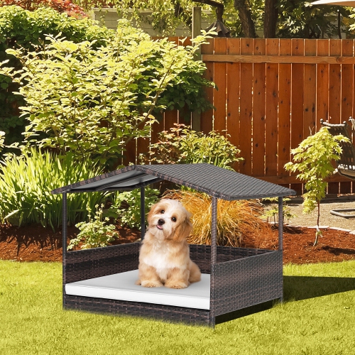 Gymax Wicker Dog House w/ Cushion Lounge Raised Rattan Bed for Indoor/Outdoor