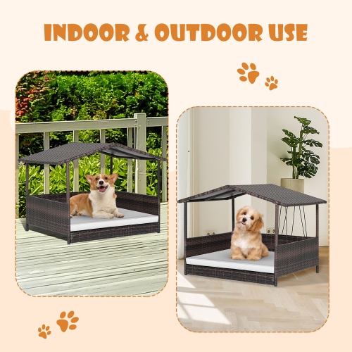 Gymax Wicker Dog House w/ Cushion Lounge Raised Rattan Bed for Indoor/Outdoor
