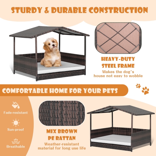 Gymax Wicker Dog House w/ Cushion Lounge Raised Rattan Bed for Indoor/Outdoor