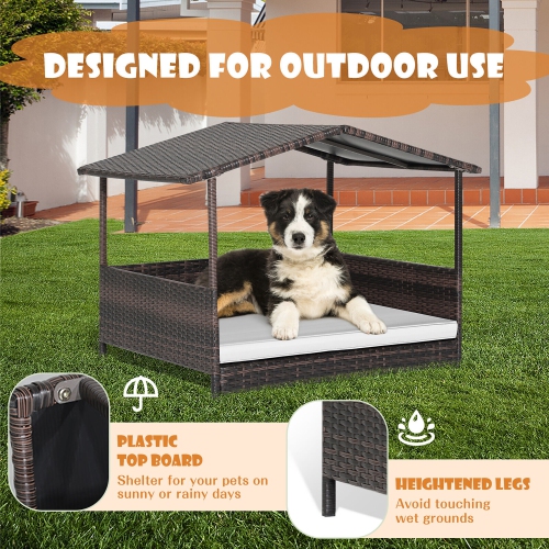 Gymax Wicker Dog House w/ Cushion Lounge Raised Rattan Bed for Indoor/Outdoor