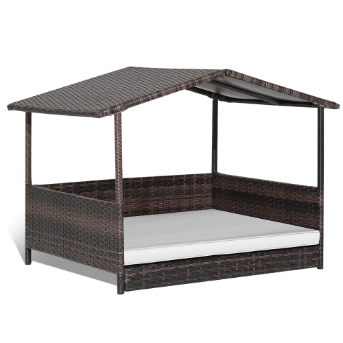 Gymax Wicker Dog House w/ Cushion Lounge Raised Rattan Bed for Indoor/Outdoor