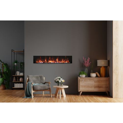 Panorama BI 40" Extra Slim Smart electric fireplace comes standard with clear glass media, as well as a black steel surround and a remote.