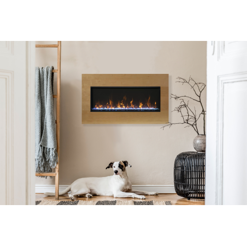 Panorama BI 40" Extra Slim Smart electric fireplace comes standard with clear glass media, as well as a black steel surround and a remote.