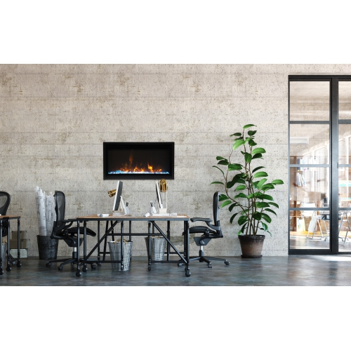 Panorama BI 40" Extra Slim Smart electric fireplace comes standard with clear glass media, as well as a black steel surround and a remote.