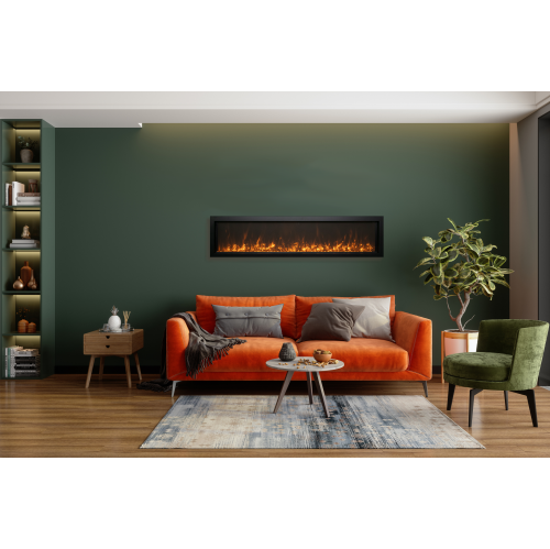 Panorama BI 40" Extra Slim Smart electric fireplace comes standard with clear glass media, as well as a black steel surround and a remote.