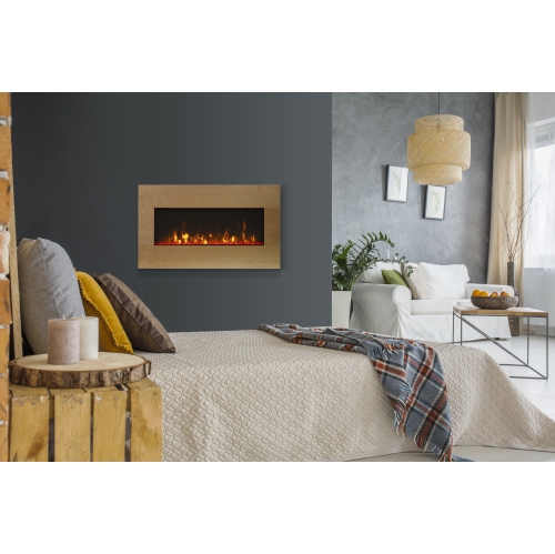 Panorama BI 50" Extra Slim Smart electric fireplace comes standard with clear glass media, as well as a black steel surround and a remote.