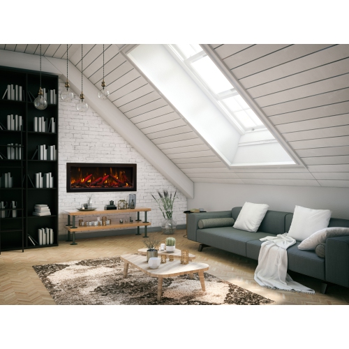 Panorama 88" BI Deep Smart Electric fireplace comes with an ICE media set, an 11-piece log set, as well as a black steel surround, and a remote.