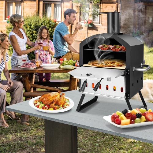 Costway 2-Layer Pizza Oven Wood Fired Pizza Grill Outside Pizza Maker with Waterproof Cover