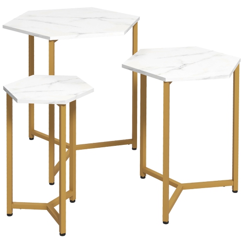 HOMCOM  Nesting Tables Set Of 3, Hexagon Side End Table With Marble Effect Top And Steel Legs for Living Room Bedroom And Gold In White