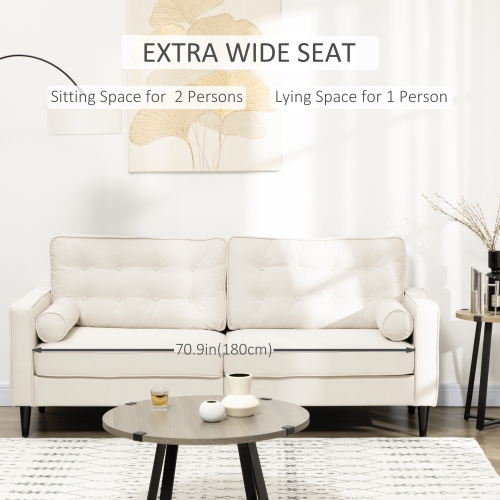 HOMCOM Mid-Century Sofa, Couch with Button-Tufted Back Cushion, Velvet Feel Fabric Upholstery, 2 Cylindrical Pillows and Rubber Wood Legs for Living