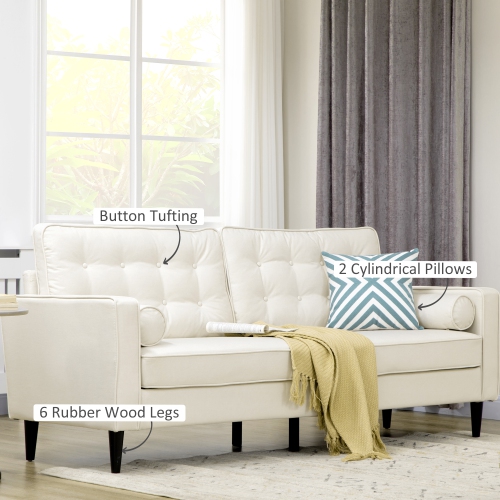 HOMCOM Mid-Century Sofa, Couch with Button-Tufted Back Cushion, Velvet Feel Fabric Upholstery, 2 Cylindrical Pillows and Rubber Wood Legs for Living