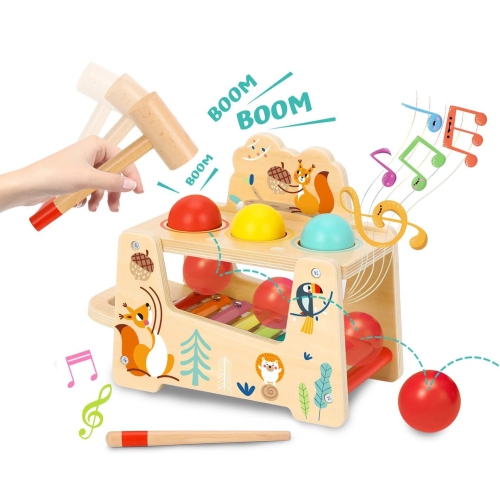 TOOKYLAND Pound a Ball Toy - 7pcs - Wooden Pounding and Hammering Bench with Xylophone; Educational Ball Drop Tap Game for Toddlers 1 Year Old +