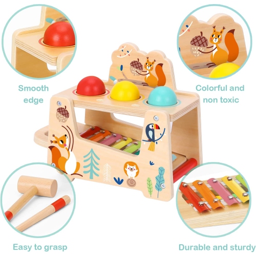 TOOKYLAND Pound a Ball Toy - 7pcs - Wooden Pounding and Hammering Bench with Xylophone; Educational Ball Drop Tap Game for Toddlers 1 Year Old +