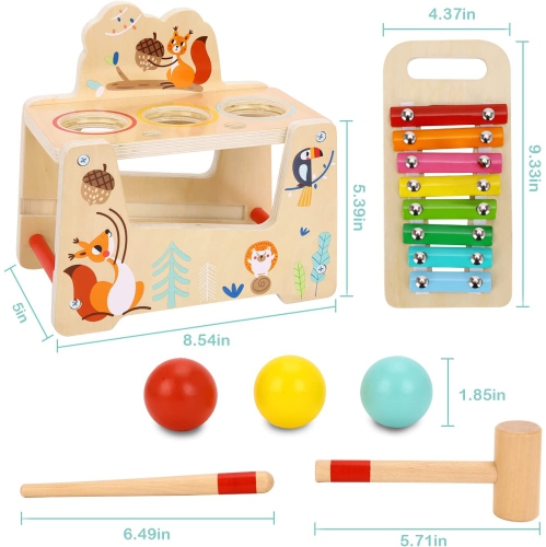 TOOKYLAND Pound a Ball Toy - 7pcs - Wooden Pounding and Hammering Bench with Xylophone; Educational Ball Drop Tap Game for Toddlers 1 Year Old +