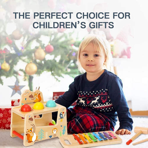 TOOKYLAND Pound a Ball Toy - 7pcs - Wooden Pounding and Hammering Bench with Xylophone; Educational Ball Drop Tap Game for Toddlers 1 Year Old +