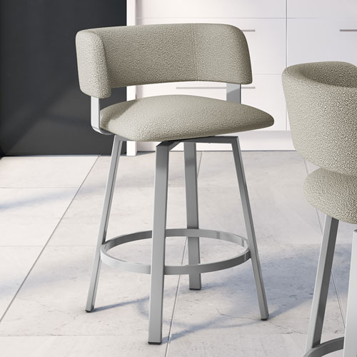 Tabouret de bar contemporain à hauteur de comptoir Stinson - Tissu bouclé gris beige/Gris métallique