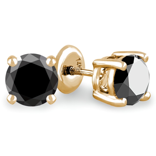 1 1/10 CTW Round Black Diamond 4-Prong Stud Earrings in 14K Yellow