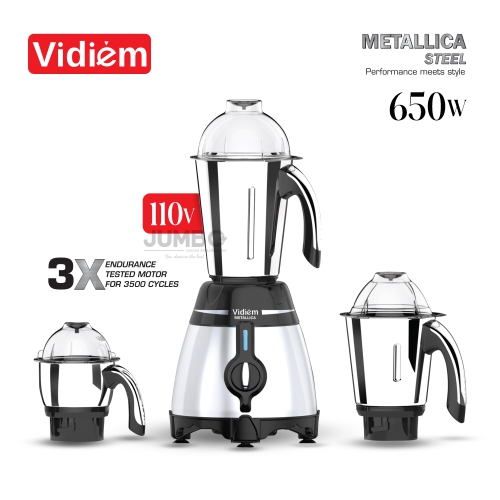 Vidiem Metallica STEELE 650W / 110V Stainless Steel Jars - Indian Mixer Grinder with, Spice & Coffee grinder Jar for use in Canada / USA
