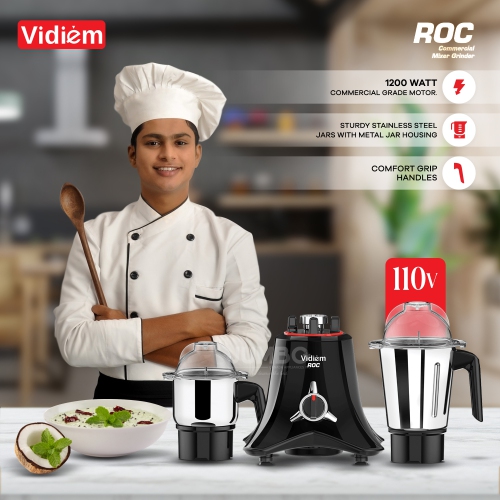 Vidiem ROC 1200W / 110V Commercial Residential Mixer Grinder, Stainless Steel Jars - Indian Mixer Grinder, Spice & Coffee grinder Jar for use in