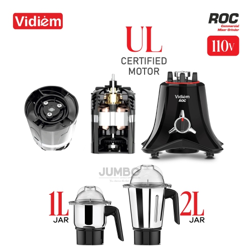 Vidiem ROC 1200W / 110V Commercial Residential Mixer Grinder, Stainless Steel Jars - Indian Mixer Grinder, Spice & Coffee grinder Jar for use in