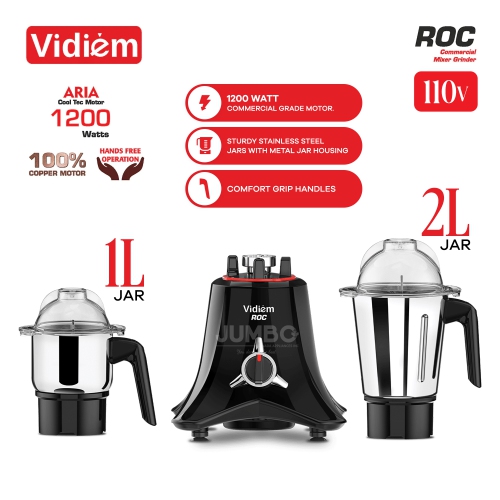 Vidiem ROC 1200W / 110V Commercial Residential Mixer Grinder, Stainless Steel Jars - Indian Mixer Grinder, Spice & Coffee grinder Jar for use in