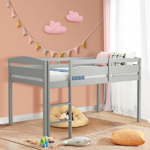 Gymax Twin Size Loft Bed Wooden Slats Support Loft Bed Frame w/ Ladder & Guardrails