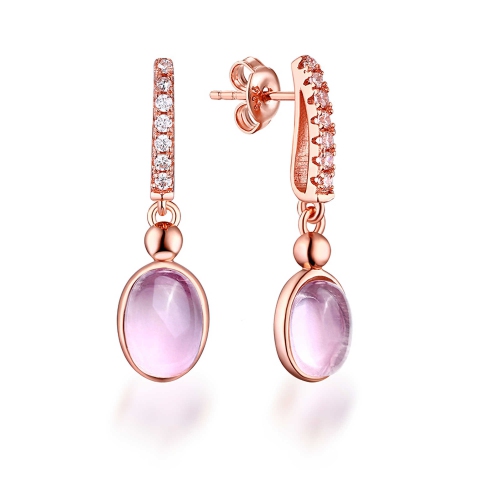 3/4 CTW Oval Pink Quartz Bezel Set Drop/Dangle 18K Rose Gold Plated Earrings in 0.925 Sterling Silver (MDS1703…